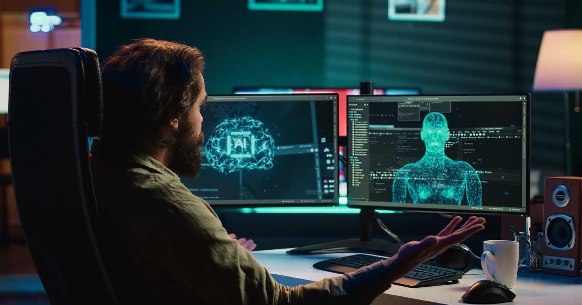 Engineer working at keyboard with AI tools on screen