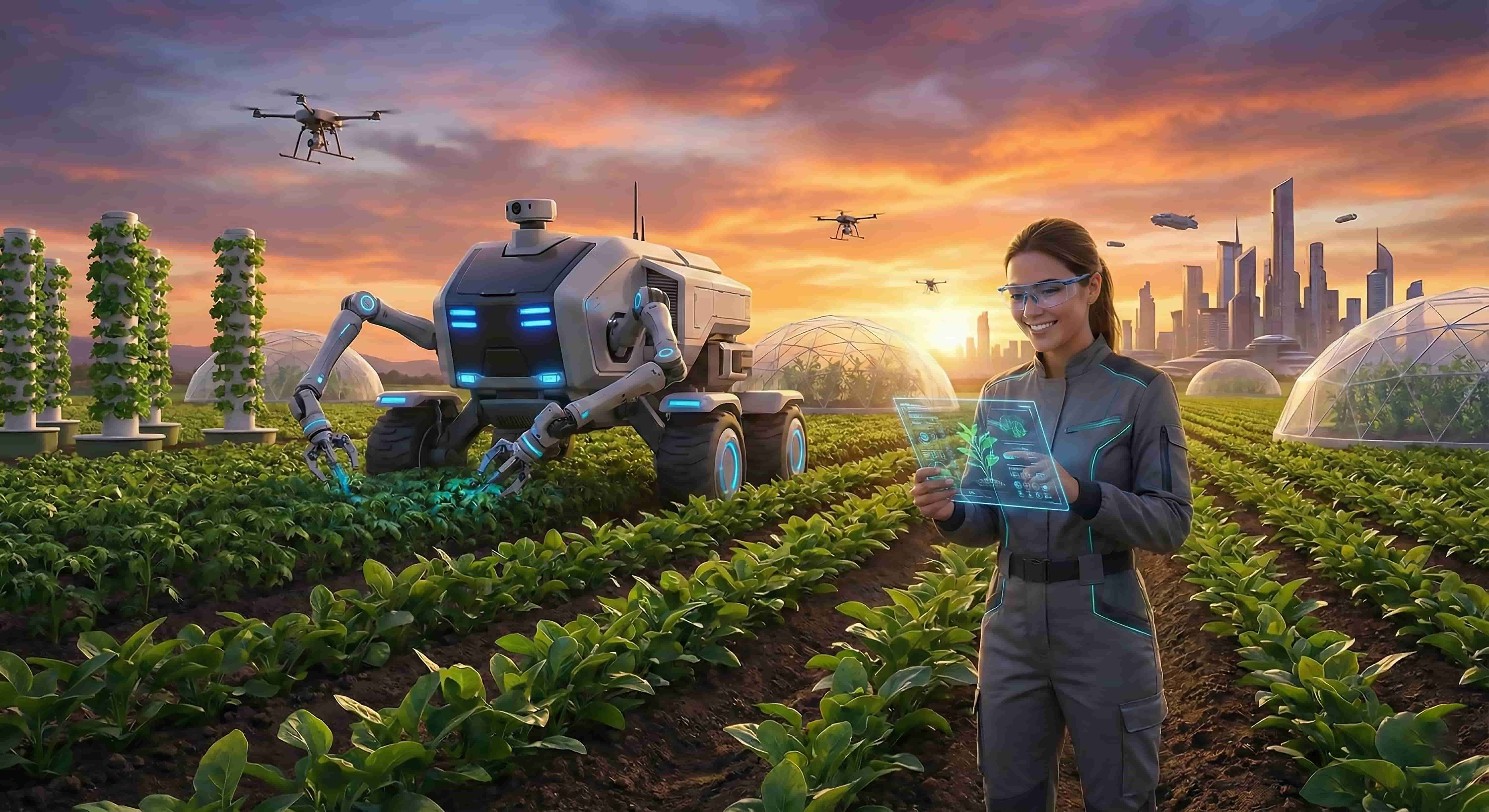futuristic-female-farmer-using-digital-tablet-with-agricultural-robot-smart-farm-field-sunset